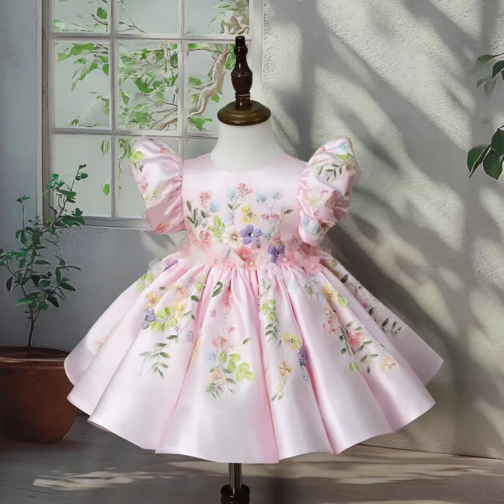 Aurélie Puff-Sleeve Flower Girl Dress in Pink, puff sleeve