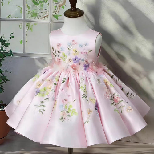 Aurélie Puff-Sleeve Flower Girl Dress in Pink, sleeveless
