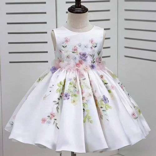 Aurélie Puff-Sleeve Flower Girl Dress in White, sleeveless