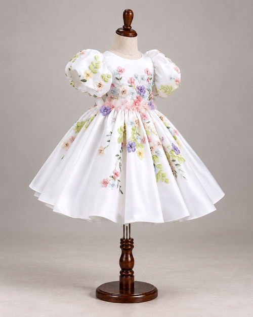 Aurélie Puff-Sleeve Flower Girl Dress — White — Puff Sleeve — Image 2