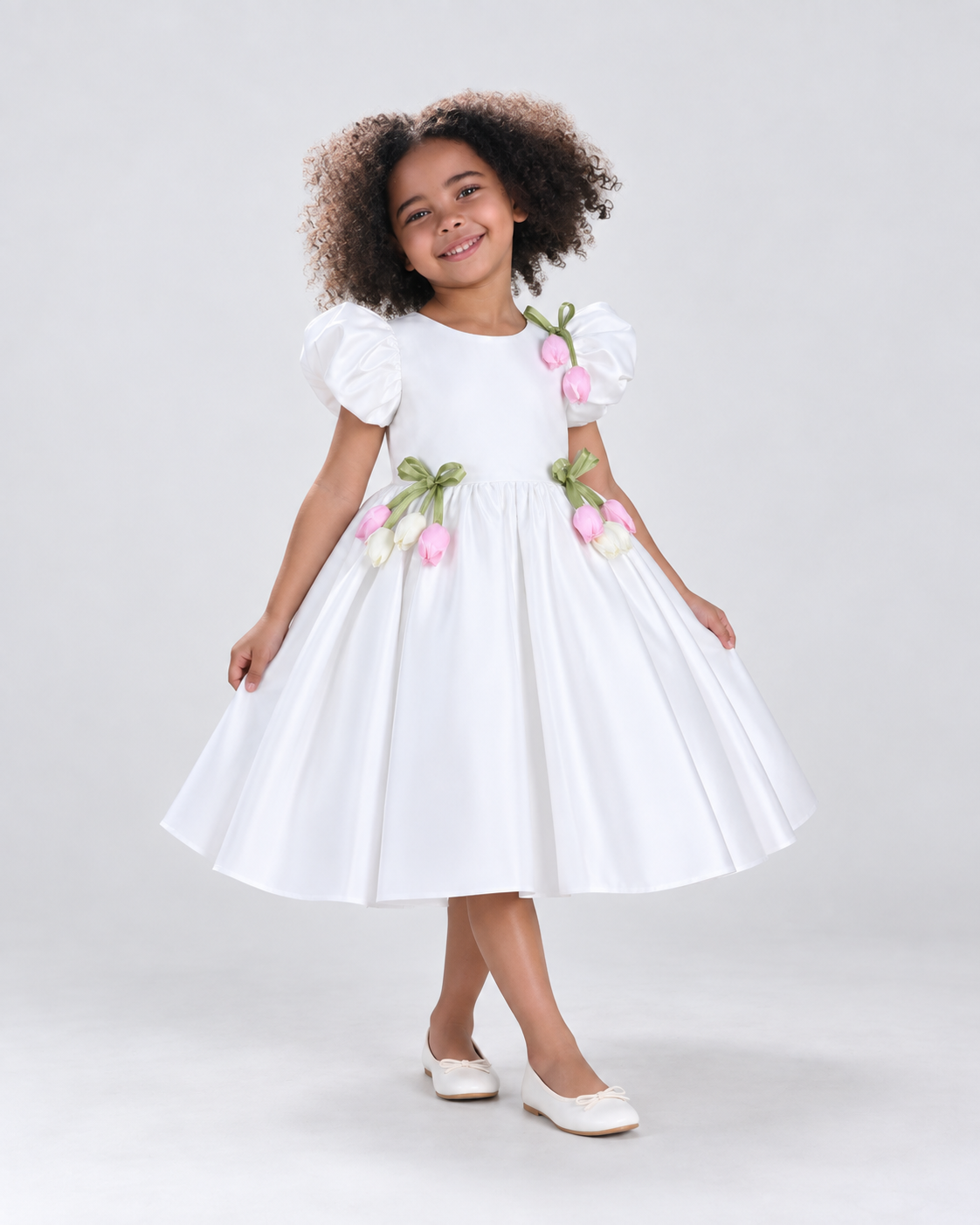 Camille Floral Bow Dress in White