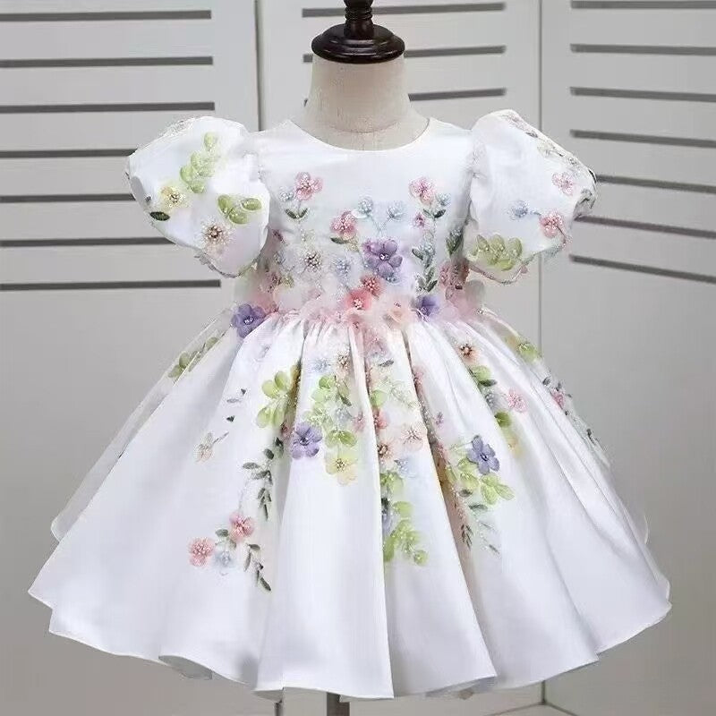 Aurélie Puff-Sleeve Flower Girl Dress in White, puff sleeve