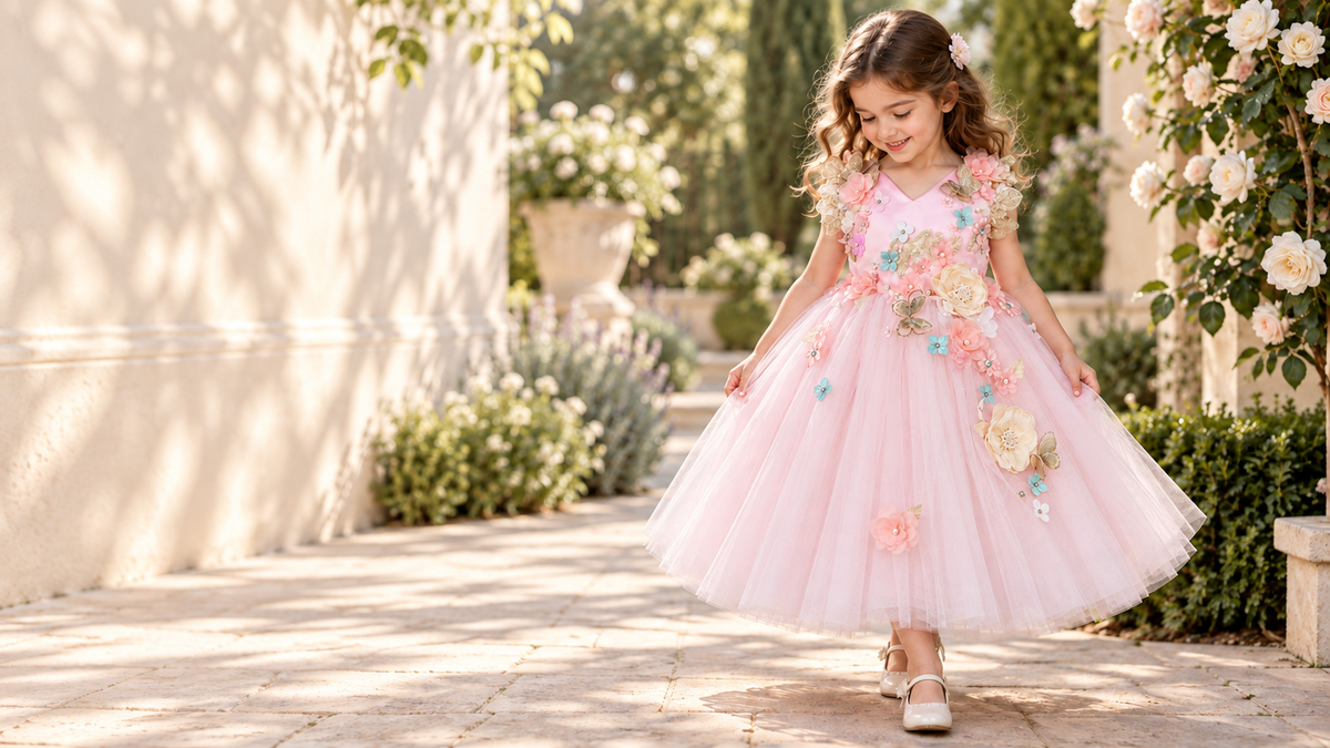 Girl wearing a pink floral tulle dress in a sunlit garden.
